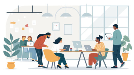 Diverse team collaborating in a modern office, perfect for website banners or marketing materials.