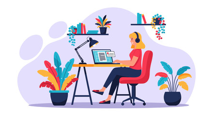 Woman working from home on laptop, perfect for blog posts about remote work or online education.