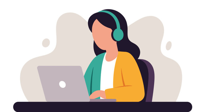 Woman using laptop with headphones, perfect for website banners or blog posts about remote work.