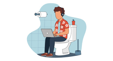 Illustration of a person working on a laptop while sitting on a toilet, perfect for articles about remote work challenges or work-life balance.