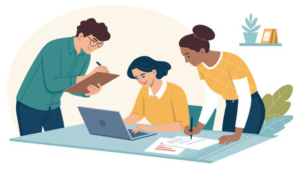 Collaborative teamwork: Diverse colleagues working together on a project, perfect for illustrating teamwork, collaboration, and productivity on a website or brochure.