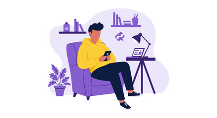 Man using smartphone while relaxing in armchair - perfect for website banners, app screens, or social media posts.