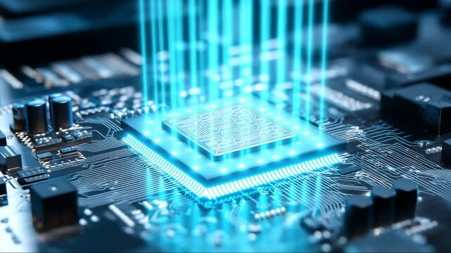 Advanced computer chip technology showcased with intricate circuitry in a lab setting highlighting innovation and design - Powered by Adobe