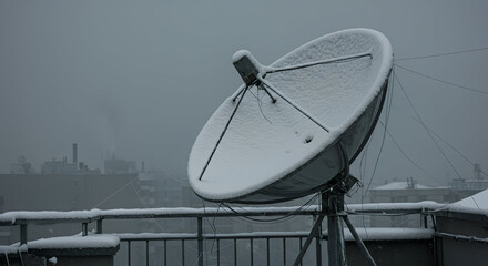 Zugeschneite Satellitenschüssel auf Balkon – still und isoliert