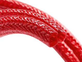 Close-up of two intertwined, vibrant red cords.  The cords exhibit a braided, interwoven texture.  The glossy finish creates a reflective effect