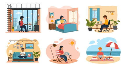 Diverse people working remotely from various locations: home office, bedroom, beach, etc. Ideal for illustrating work-life balance or remote work.