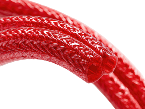 Close-up of two intertwined, vibrant red cords.  The cords exhibit a braided, interwoven texture.  The glossy finish creates a reflective effect