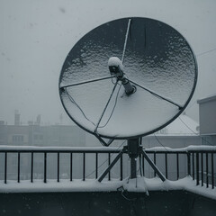 Zugeschneite Satellitenschüssel auf Balkon – still und isoliert