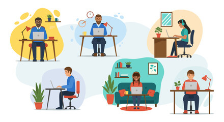 Diverse group of people working remotely from home, perfect for illustrating work-from-home concepts on websites or brochures.