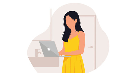 Woman in yellow dress working on laptop, perfect for website banners or blog posts about remote work.