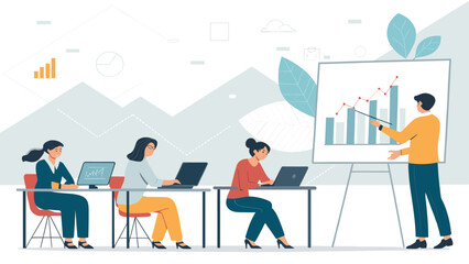 Business presentation: A team listens attentively as their colleague presents a growth chart, perfect for business reports or presentations.