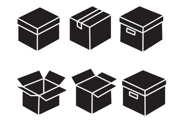 Box icons set. Shipping, delivery box or container icons. Carton box simple icon collection. Delivery symbol Empty open shipping box or unboxing line art