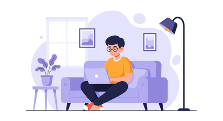Young man working from home on laptop, illustration perfect for blogs, websites, and presentations on remote work.