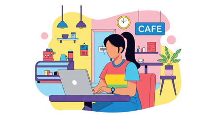 Woman working on laptop in a cafe, perfect for blogs, websites, or social media posts about remote work or freelance.