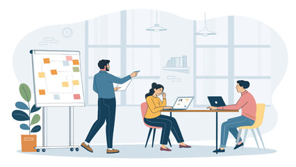Teamwork and brainstorming session in a modern office. Ideal for presentations about collaboration, project management, or agile methodologies.