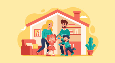 Happy family playing together at home, perfect for family blogs, websites, or brochures.