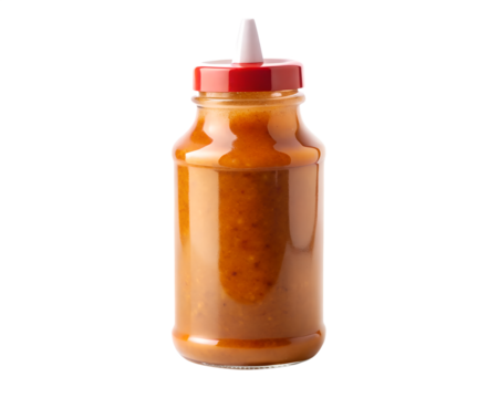 A bottle of sauce with a red lid isolated on transparent background