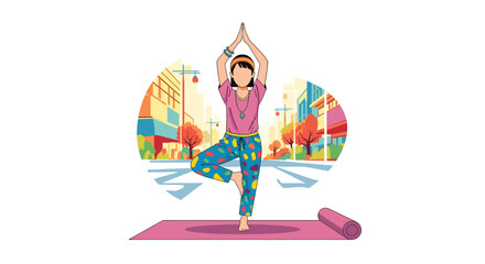 Woman practicing yoga outdoors in the city. Perfect for wellness blogs, fitness websites, or health publications.