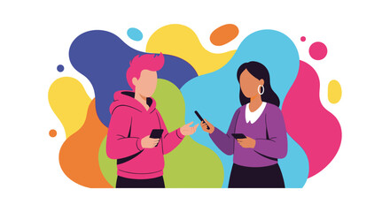 Two young adults using smartphones, colorful abstract background. Perfect for website banners, social media posts, and app interfaces.