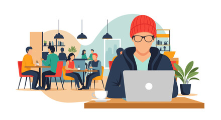 Freelancer working on laptop in a busy cafe, perfect for illustrating remote work or co-working space concepts.