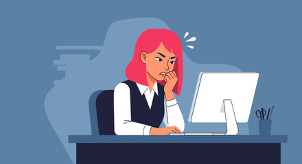 Worried businesswoman working on computer, perfect for illustrating stress, anxiety, or deadline pressure in business articles or websites.