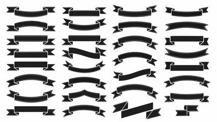 Collection of thirty one black banner ribbon vector graphics in various shapes and orientations