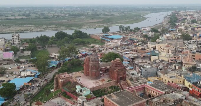 Drone Footage of Shri Krishna Temple and Vrindavan City on Yamuna River and Ghats