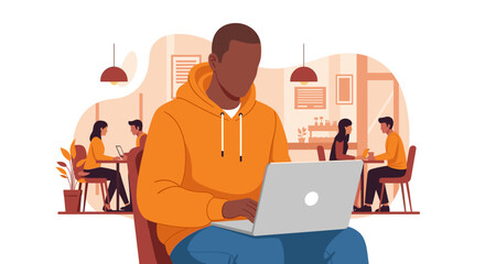 Man working on laptop in a coffee shop, ideal for blog posts about remote work or coworking spaces.