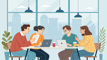 Teamwork Illustration: Diverse young professionals collaborating on laptops in a modern office setting. Ideal for websites, presentations, and brochures.