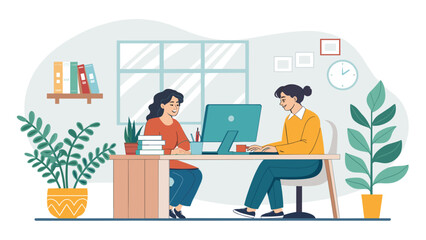 Two colleagues collaborating on a project at their office desk. Perfect for website banners, marketing materials, or presentations.