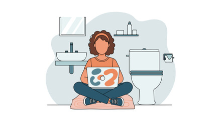 Woman working on laptop in bathroom, illustration for blog post about remote work.