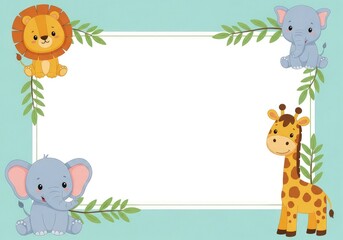 Cartoon animals frame with lion elephant  giraffe border leaves