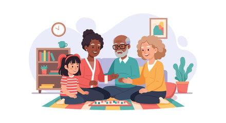 Happy multigenerational family playing a board game together at home. Perfect for websites, brochures, and family-themed content.