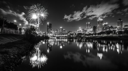 Fototapeta premium Stunning fireworks over a city skyline reflected in a river.
