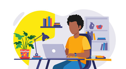 Person working on laptop at home office, perfect for remote work, freelance, or productivity blog illustrations.