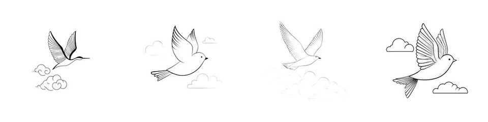 Dove Illustration: Flying Bird with Clouds Art Set