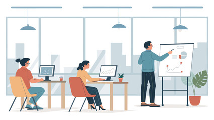 Teamwork in modern office, business presentation, colleagues working on computers, suitable for landing page or brochure.