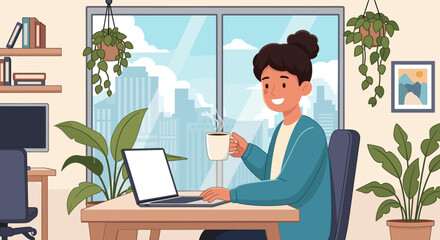 Happy woman working from home office, drinking coffee, laptop, city view, illustration for website or blog.