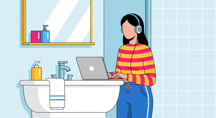 Woman working on laptop in bathroom, perfect for blog post on work-life balance or remote work.