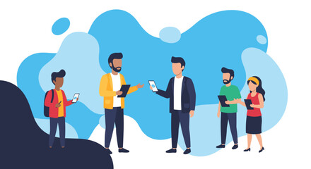 Diverse group of people using mobile devices and tablets, perfect for technology or communication landing pages.