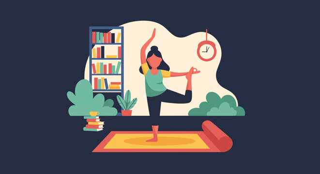 Woman practicing yoga at home, perfect for wellness websites or blog posts.