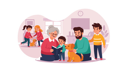 Happy multigenerational family with pets at home, perfect for family, love, and togetherness themed projects.