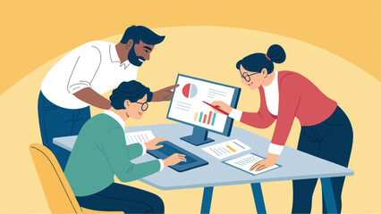 Diverse team collaborating on data analysis; perfect for presentations on teamwork, data analysis, or business strategy.