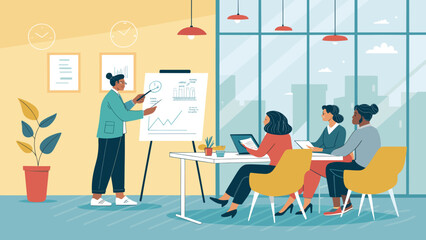 Diverse business team meeting: A woman giving a presentation with charts and graphs in a modern office. Perfect for business reports, presentations, and website banners.