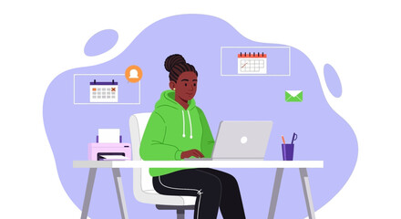 Young woman working on laptop at home office, perfect for website banners or blog posts about remote work.