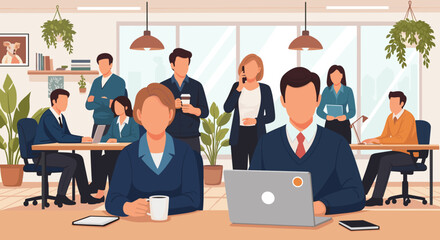 Diverse team of business professionals working collaboratively in a modern office setting. Ideal for website banners, brochures, and presentations.