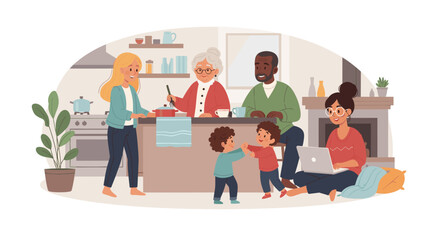 Multigenerational family cooking together in a modern kitchen, perfect for family blogs, articles, or websites.