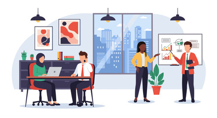 Diverse business team collaborating in modern office; perfect for website banners, presentations, and brochures.