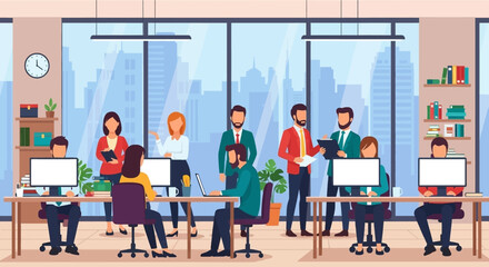 Diverse team of business professionals collaborating in a modern office. Ideal for websites, brochures, and presentations.