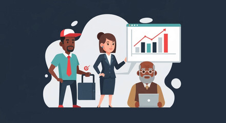 Diverse business team presenting growth chart, ideal for landing pages and presentations.